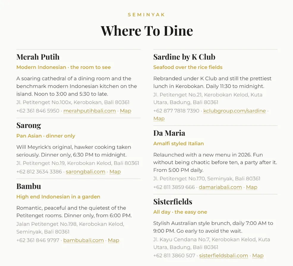 Client dossier: Where to dine
