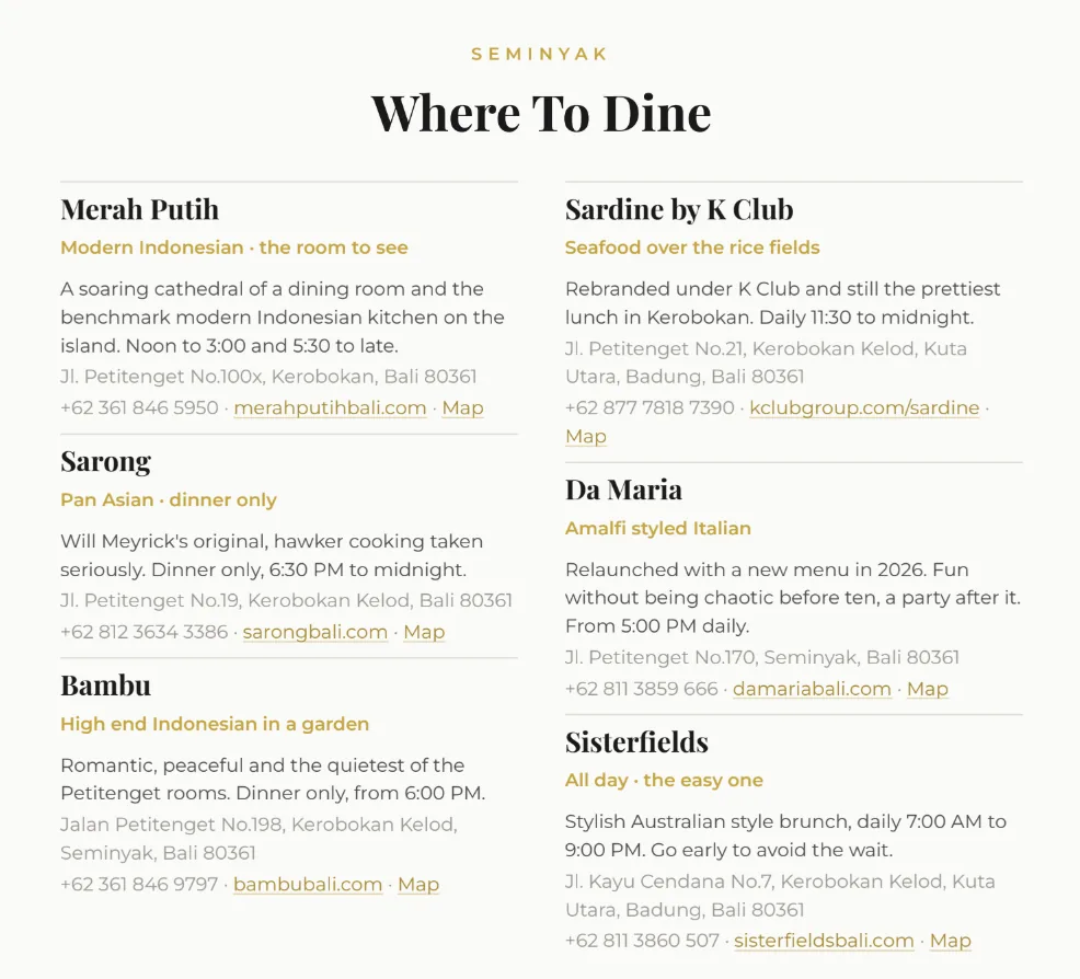 Client dossier: Where to dine